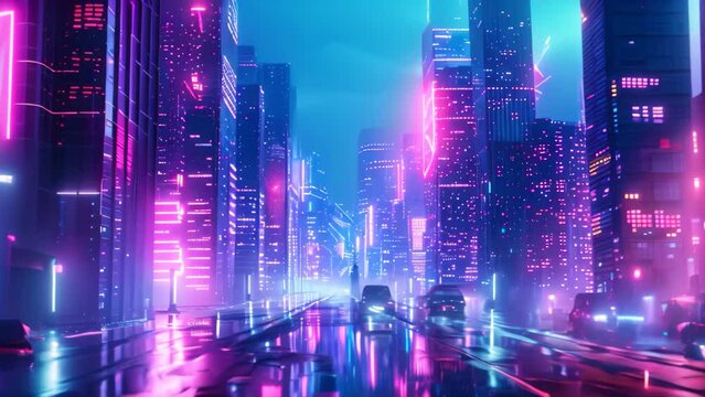 A bustling city street packed with numerous tall buildings reaching into the sky, showcasing the urban environment, Glowing neon cityscape in a futuristic city