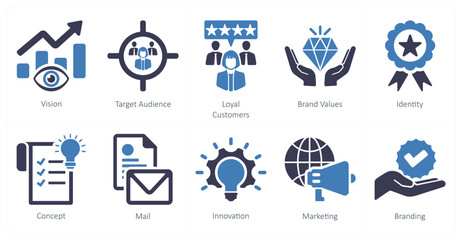 A set of 10 branding icons as vision, target audience, loyal customers