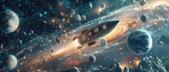 A futuristic rocket sails past a distant galaxy in a surreal 3D space filled with floating celestial bodies - obrazy, fototapety, plakaty