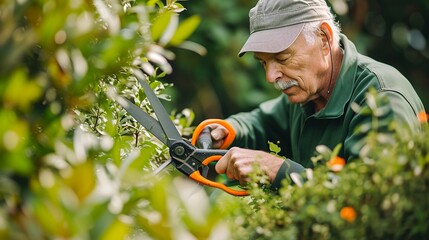 Elderly man gardener trims bushes with garden shears