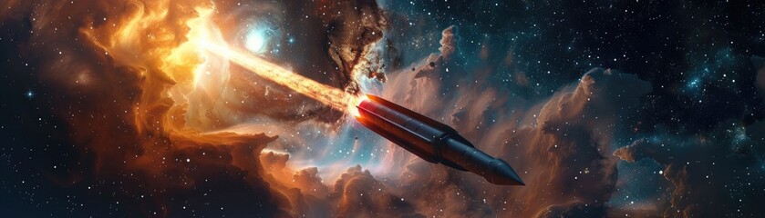 A rocket navigating through a serene space scene with soft nebula clouds and gentle starlight in 3D - obrazy, fototapety, plakaty