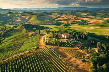 This aerial photograph showcases a scenic vineyard nestled in the picturesque hills, capturing rows...