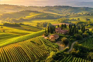 Aerial View of a Vineyard in the Countryside, Bird's-eye view of sprawling vineyards in Tuscany,...