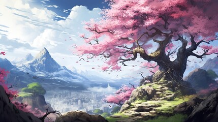 Beautiful fantasy spring nature landscape and cherry blossom tree animated background in japanese anime watercolor Generative AI - obrazy, fototapety, plakaty