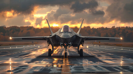 A 5th generation fighter plane of the Israeli Air Force on ground display at Hatzerim Air Force Base at sunset - obrazy, fototapety, plakaty
