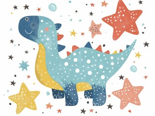 Cute Dinosaur with Stars and Leaves