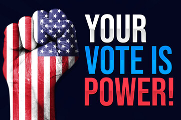 Vote is power wallpaper with US flag painted on fist, background. Eelction in USA concept backdrop