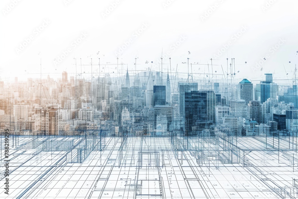 Poster a breathtaking view of a vibrant cityscape with towering buildings and intersecting lines, blend of 