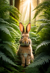 A wild hare or rabbit sits among the ferns in the forest at sunset
