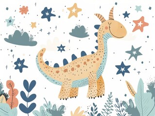 Cute Dinosaur with Stars and Leaves