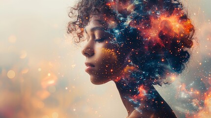 Cosmic dreamer - woman and nebula: surreal double exposure portrait of a woman with a cosmic nebula, evoking dreams and the universe
