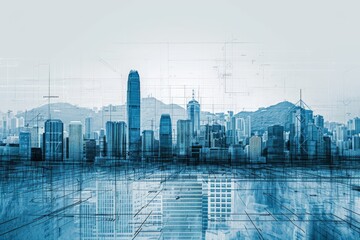 A photo capturing the city skyline with architectural lines in the foreground, Blend of architecture blueprints with a city skyline on the horizon, AI Generated