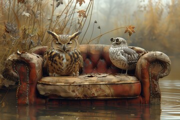 Whimsical scene with an owl and bird with googles perched on a vintage sofa in a misty lake. autumn scene by the peaceful and serene waterscape - obrazy, fototapety, plakaty