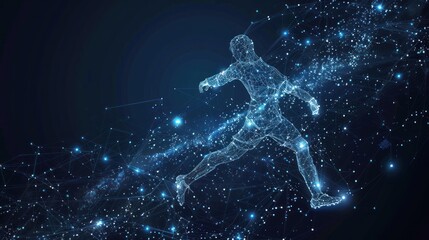 Abstract image Soccer player in the form of a starry sky or space, consisting of points, lines, and shapes in the form of planets, stars and the universe. AI generated