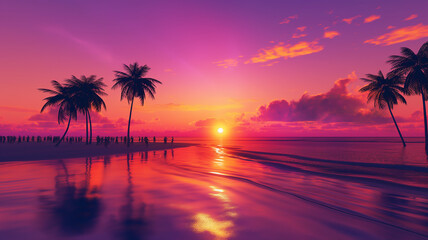Fototapeta na wymiar a breathtaking sunset beach scene with the sky ablaze with hues of orange, pink, and purple, silhouetted palm trees swaying in the gentle breeze. Generative Ai