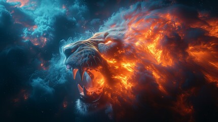 Cosmic lion's roar in nebula: surreal digital art of a lion's snout roaring amidst a fiery cosmic nebula - obrazy, fototapety, plakaty