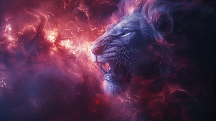 Cosmic lion's roar in nebula: surreal artwork of a mighty lion snout fiercely roaring amidst a vibrant cosmic nebula