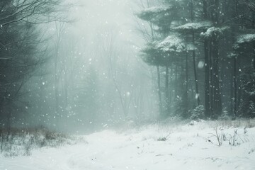 Fototapeta premium A path covered in snow winds through a dense forest, with towering trees creating a picturesque winter scene, Blizzard obscuring a forest landscape, AI Generated