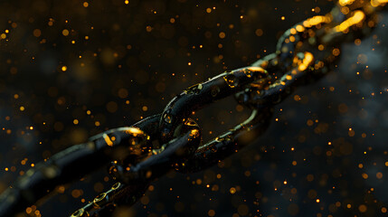 Close up of a chain with a glowing black and gold light in the background. Concept of Connection.