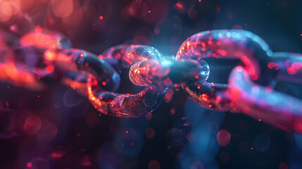 Close up of a chain with a glowing red and blue light in the background. Concept of Connection.