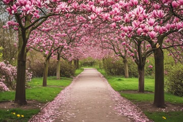 A pathway lined with trees covered in vibrant pink flowers creates a picturesque scene in nature,...