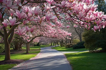 A picturesque tree-lined street showcasing the beauty of pink flowers in full bloom, Blooming...