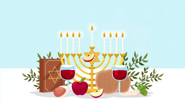 Traditional Jewish candle holder, Torah, bread and fruit on the table. Animated greeting card for Passover holiday