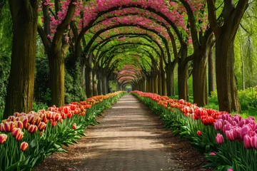 Foto op Plexiglas A pathway flanked by numerous trees and vibrant flowers, creating a lush and colorful environment, Blooming tulip tree alley in a picturesque park, AI Generated © Ifti Digital