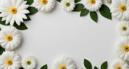 Fototapeta premium White flower bouquet border. Flat lay, top view. Floral frame template for web, wedding invitation, Mothers and Womans day. Floral composition with copy space