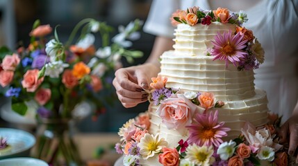 Beautifully Decorated Wedding Cake Featuring Edible Flowers - 788220247