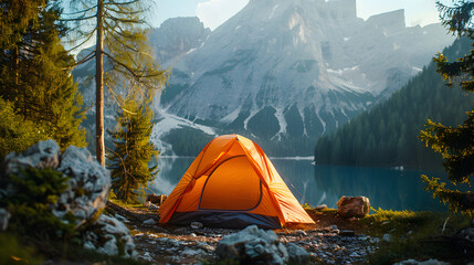 Orange Haven: Hiking Tent Amidst Mountain Wilderness - 788220248
