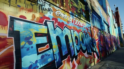 Colorful Empower Graffiti Mural on Urban Wall, Wide-Angle View