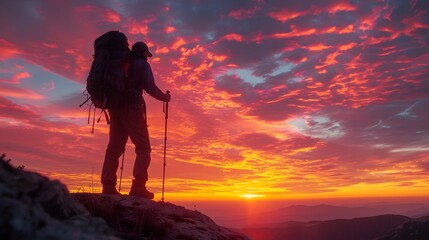 Summit Silhouette: Man Standing at Peak, Embracing Freedom - 788220463