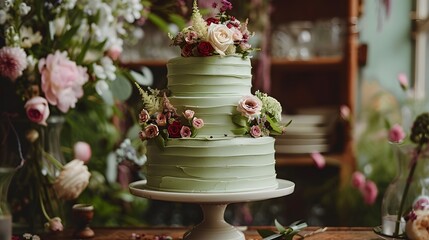 Blossoming Beauty: Romantic Sage Green Wedding Cake with Roses - 788220469