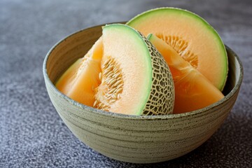 A detailed view of a bowl filled with an assortment of colorful fruits placed on a table, Bowl of Yubari Melon, luxurious Japanese fruit, AI Generated