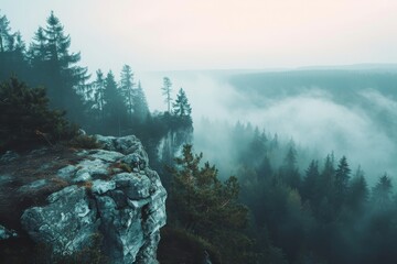 A foggy mountain landscape dominated by trees and a towering cliff, Breathtaking view from a misty...