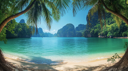Sandy beach framed by palms with cliffs in the distance. Clear blue water laps against a tranquil...
