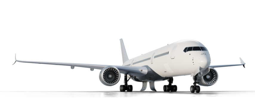 Parked commercial jet airplane on transparent background