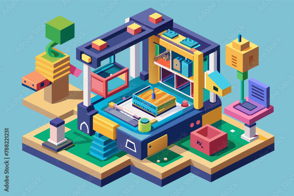 Poster 3d printer constructing a complex object layer by layer, 3d printing isometric vector in blank backg