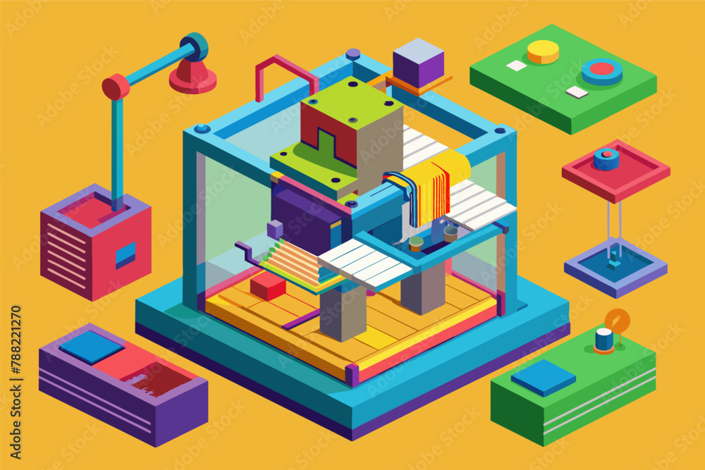 Poster 3d printer constructing a complex object layer by layer, 3d printing isometric vector in blank backg