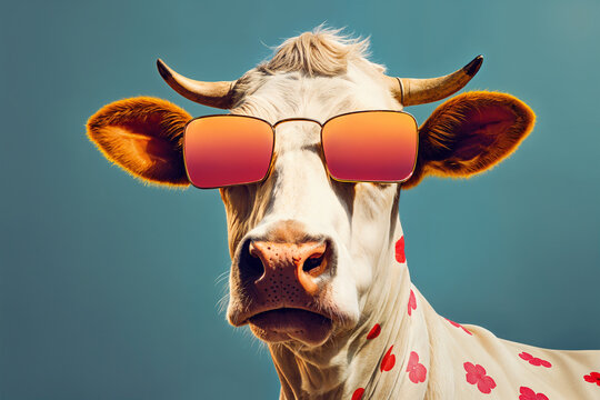 Attractive and confident bull with the trendiest cattle cool summer look, orange shaded sunglasses with pop-art like red flower painted spots bold masculine portrait.