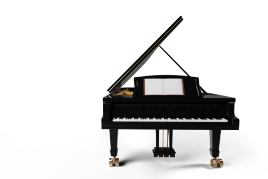 Classic black grand piano with open lid on transparent background