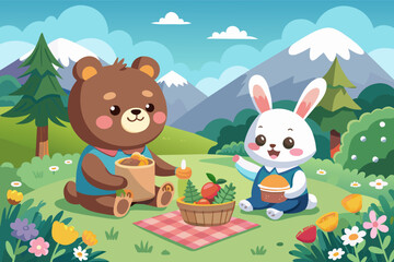 bear and a bunny are sharing a picnic on a hilltop, enjoying the scenic view and each other's company