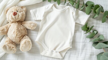 Obraz na płótnie Canvas Baby bodysuit mockup with teddy bear, eucalyptus on ivory blanket infant onesie template