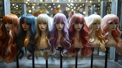 Colorful Array of Wigs on Display - Fashion Diversity. Concept Fashion Diversity, Wig Collection, Style Showcase, Trendy Accessories, Vibrant Hairstyles - obrazy, fototapety, plakaty