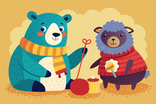A bear skillfully knits a cozy scarf using yarn from their sheep friend, creating a warm and thoughtful gift.