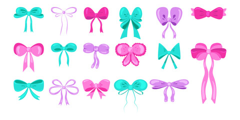Set of bows hand drawn. Colorfull ribbon knots. Hair accessories.  Set for design, for decorations, for gift wrapping. Vector illustration on white background