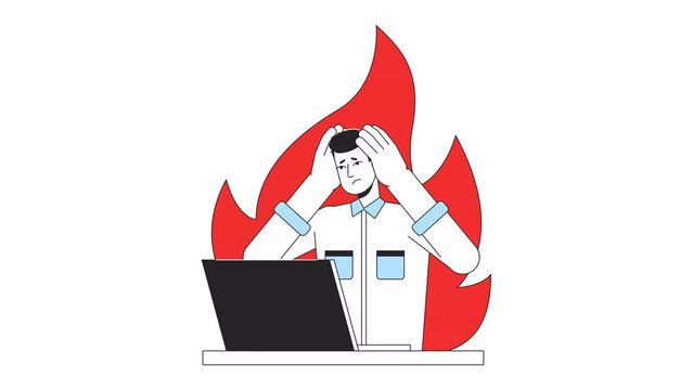 Man with burnout at workplace line 2D animation. Exhausted male office worker with laptop 4K video motion graphic. Mental health issues linear animated cartoon flat concept, white background
