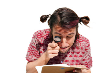 A detective with a magnifying glass looking at a notebook with white background