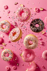 Tasty colorful donuts and sweet cookies blowing in the air on pink background.